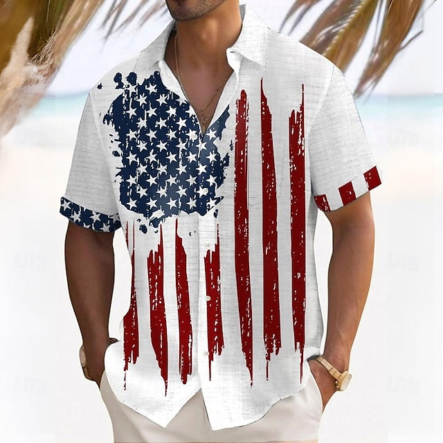  American Independence Day Men's American Flag National Flag Button Up Shirt Short Sleeve Hawaiian Casual Resort Outdoor Casual Holiday Summer Spring Turndown Print White