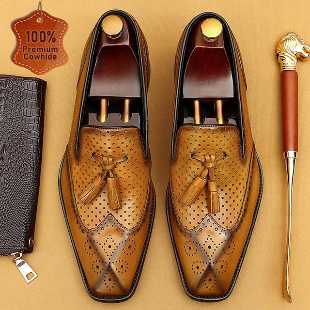  Men's Vintage Brown Leather Perforated Tassel Loafers