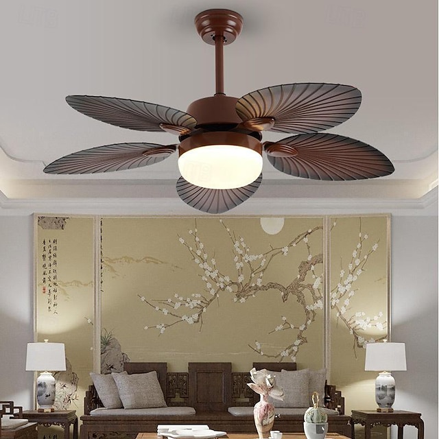  LED-Deckenventilatoren mit Palmblatt-Flügeln, 1-flammig, 130 cm, Metall, 3-farbiges Licht, nordischer Stil, für Schlafzimmer und Esszimmer, 110-240 V