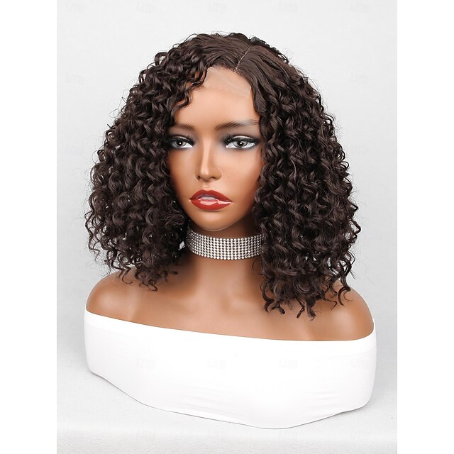 Synthetic Lace Wig Jerry Curl Style 14 inch Dark Brown Deep Parting U ...