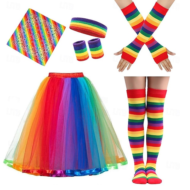  Rainbow Pride Outfits Tutu Skirt Socks Stockings Gloves Absorbent Headband Wrist Support Square Scarf Set LGBT LGBTQ Queer Adults' Women's Gay Lesbian for Pride Parade Pride Month Party Carnival