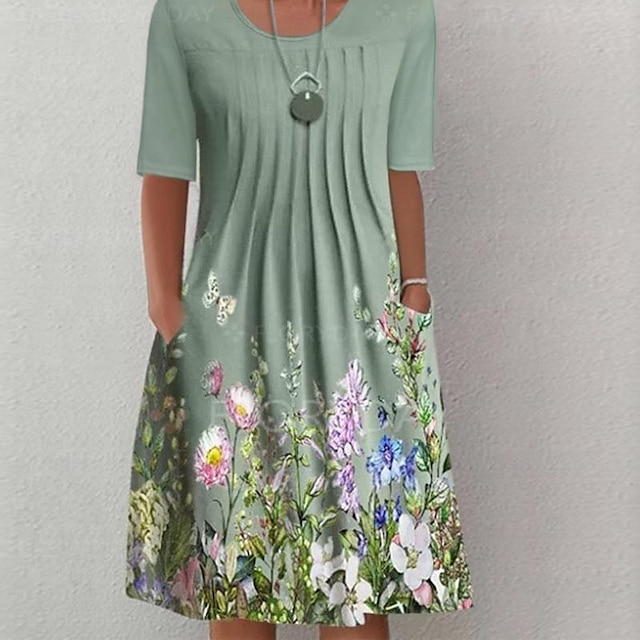  Vestito Midi Donna Vestito Casual Floreale Arricciato Stampa con Tasche Collo Giro Base Classico Quotidiano Manica Corta Estate Primavera