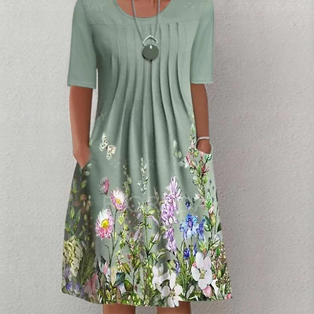 Women's Midi Dress Casual Dress Floral Ruched Pocket Crew Neck Basic Classic Daily Short Sleeve Summer Spring 7