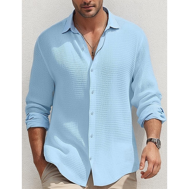  Homens Camisa Social camisa de botão Camisa casual camisa de verão Camisa Waffle Preto Branco Azul Caqui Manga Longa Tecido Lapela Diário Férias Roupa Moda Casual Confortável