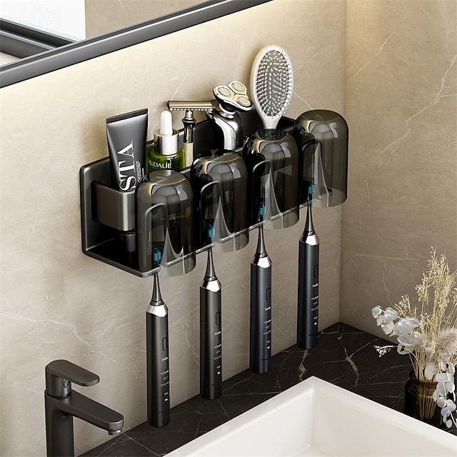  rack de escova de dentes de ouro preto banheiro banheiro não perfurado montado na parede enxaguatório bucal elétrico copo copo de escova montado na parede espaço rack de armazenamento de alumínio