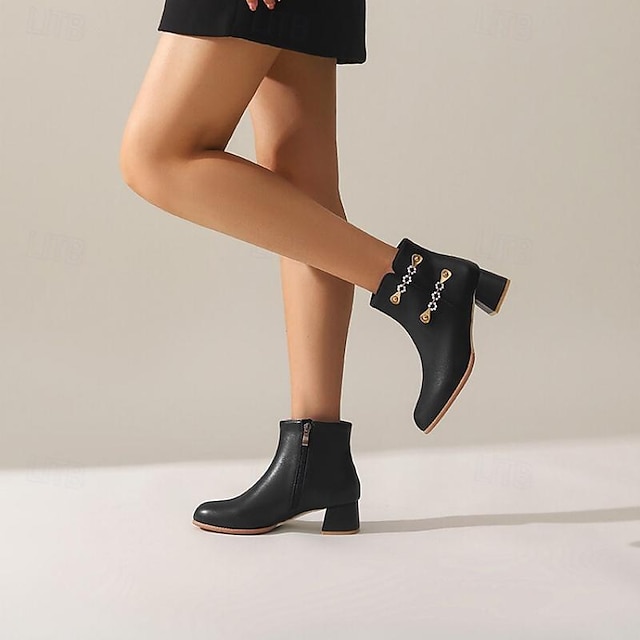  Women's Boots Biker boots Heel Boots Daily Booties Ankle Boots Rivet Chunky Heel Round Toe Fashion PU Zipper Black White