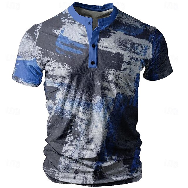 Men's Color Block T shirt Henley Shirt Short Sleeve 3D Print Fashion Daily Designer Street Casual Daily Summer Spring Heather Gray Henley Henley T-Shirt4