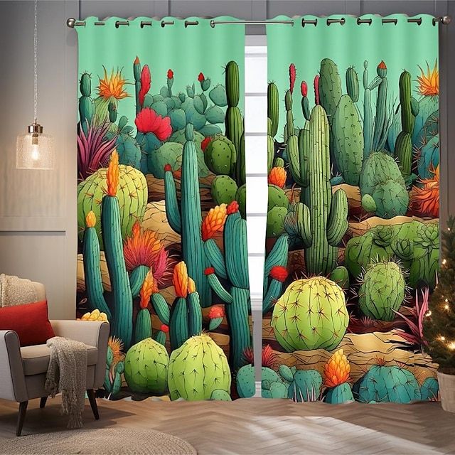  Ensemble de rideaux occultants 2 pièces avec plantes tropicales, fleurs, cactus, fond de texture en bois, rideaux artistiques, isolation occultante, doublure noire, rideaux insonorisés