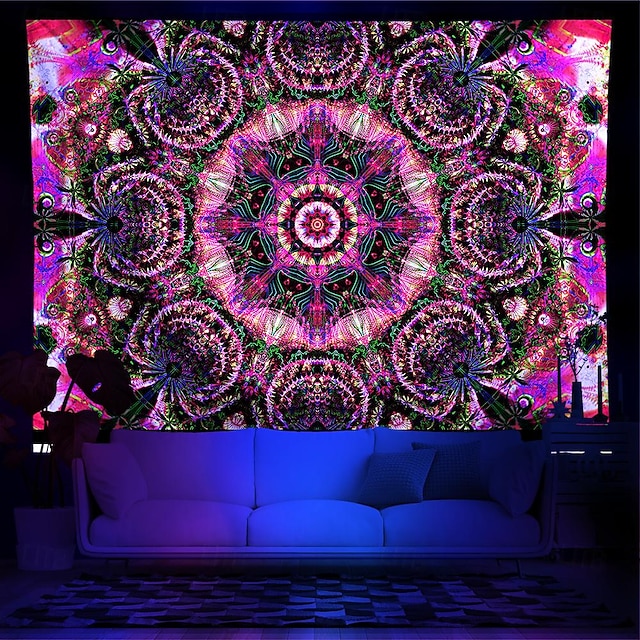  blacklight gobeläng uv reaktiv glöd i mörkret glöd party neon mandala bohemisk psykedelisk trippy dimmigt hängande gobeläng väggkonst väggmålning för vardagsrum sovrum