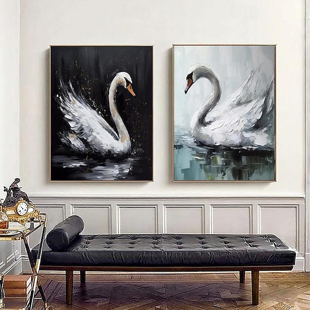  2 sarjaa abstrakti alkuperäinen musta valkoinen joutsen käsinmaalattu öljymaalaus kankaalle joutsen seinä taide sisustus joutsen vedessä alkuperäinen lintu taide joutsen 3d taideteos luonto seinän