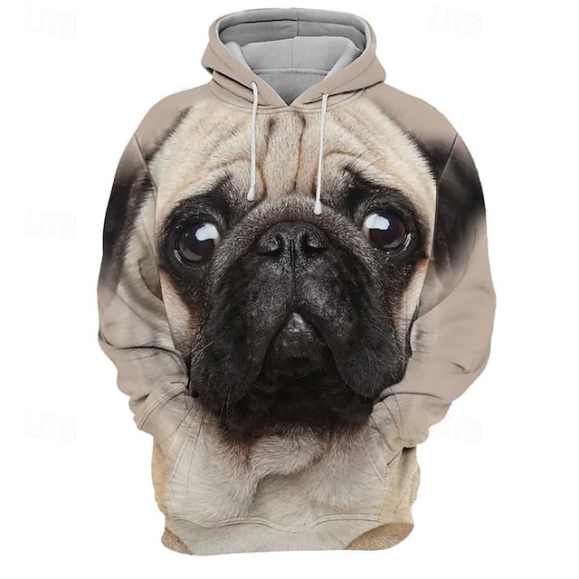  Pug Dog Hoodie Mens Graphic Pullover Sweatshirt Khaki Hooded Prints Daily Sports 3D Basic Streetwear Designer Spring & Fall Clothing Apparel Casual Brown Cotton Animal