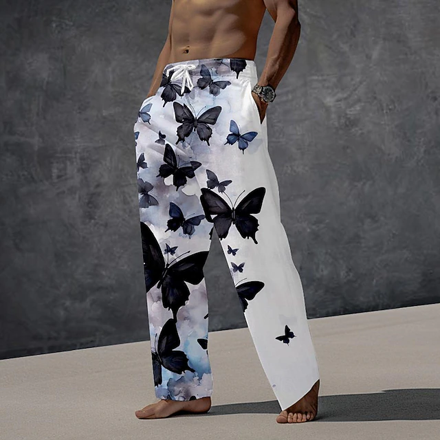 Men's Pants Trousers Butterfly Holiday Casual Black Inelastic4