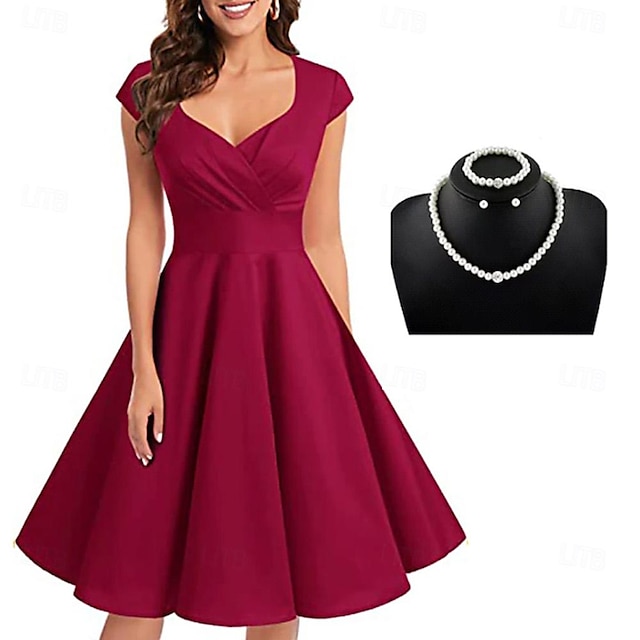  Retro Vintage 1950s Rockabilly A-Line Dress Flare Dress Solid Colored Women's Party / Evening Masquerade Bachelorette Party Adults' Dress Earrings Headwear Spring & Summer