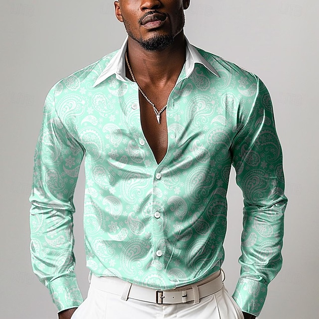  Men's Casual Shirts Satin Artificial Silk Formal Summer Spring Fall Turndown Long Sleeve Pink, Green S, M, L