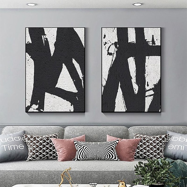  arte de parede pintada à mão em preto e branco pintura de textura preta branca conjunto de arte de parede minimalista neutra de 2 arte em tela de textura preta e branca tela enrolada moderna (sem