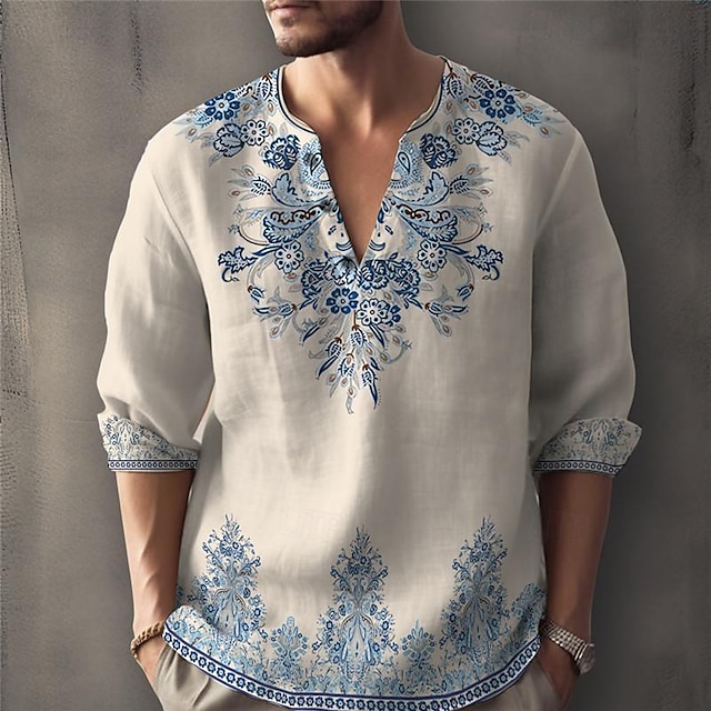  Men's Shirt Graphic Prints Geometry Stand Collar White Pink Blue Khaki Gray Outdoor Street Long Sleeve Print Clothing Apparel Fashion Streetwear Designer Casual