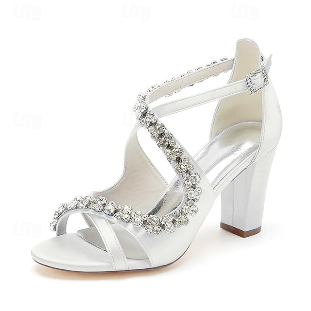  sandale de damă din satin fildeș cu toc gros, cu bretele din strass – pantofi rochii eleganti cu vârf deschis pentru petreceri de cocktail și nunți