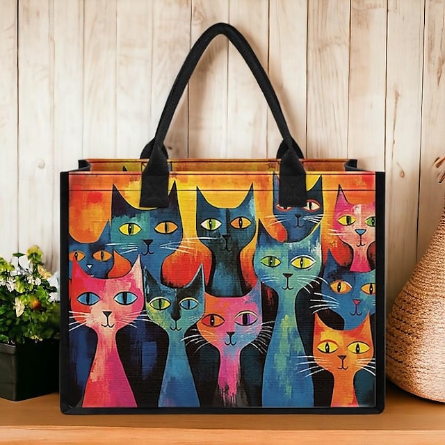  Women's Handbag Tote Boston Bag Polyester Shopping Daily Holiday Print Large Capacity Lightweight Cat Light Red Rainbow