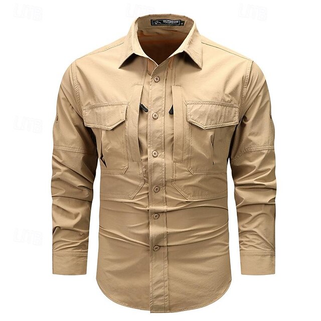 Men's Shirt Workwear Shirts Work Shirt Button Up Shirt Cargo Shirt Black khaki Army Green Gray Long Sleeve Plain Turndown Vacation Holiday Front Pocket Clothing Apparel Fashion Casual Comfortable 11
