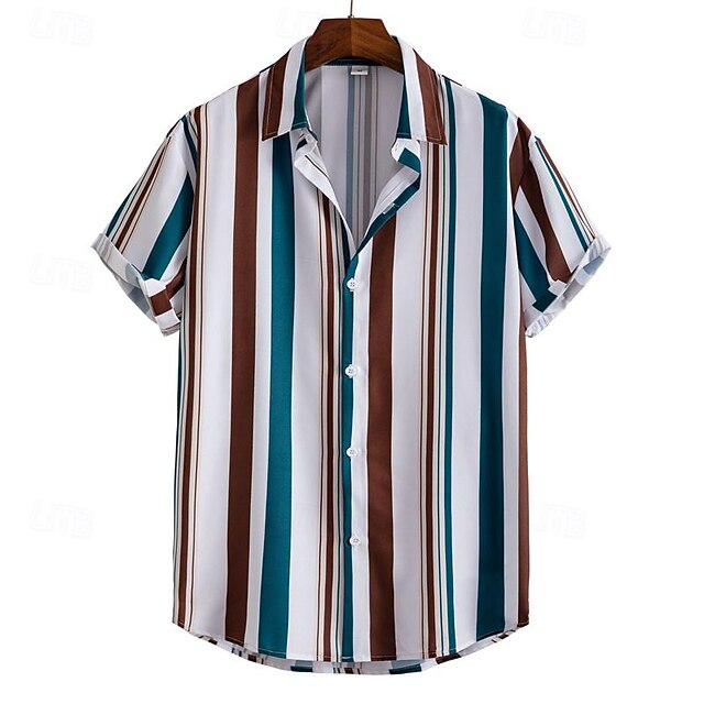  Homens Camisa Social camisa de verão Camisa casual camisa de praia camisa de botão Camisas listradas Branco Azul Marron Caqui Manga Curta Riscas Aberto para a Lateral Férias Havaiana Roupa Poliéster