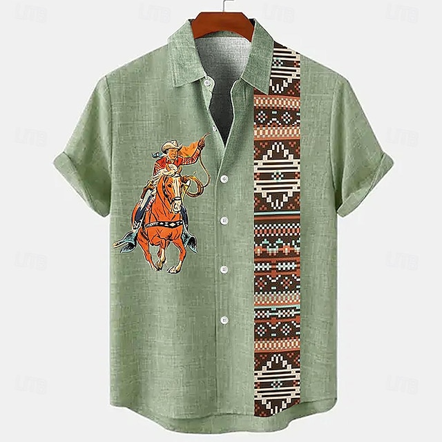  Herren leinenhemd Retro-Shirts Vintage-Shirt Ethnisches Hemd Western Outdoor Casual Blau Braun Grün Kurzarm Ständer Sommer Frühling Bekleidung Bedruckt