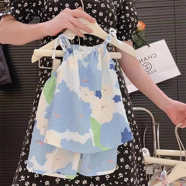  ２個 子供 女の子 グラフィック タンクトップ＆ショーツセット セットする ノースリーブ ファッション アウトドア 3～7歳 夏 イエロー ルビーレッド ブルー