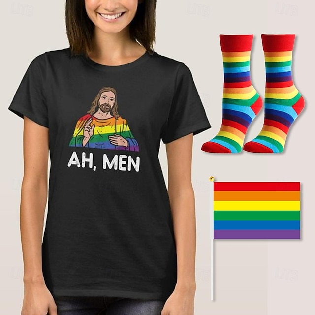  Camiseta lgbt lgbtq camisas do orgulho com 1 par de meias conjunto de bandeira do arco-íris cristão ah masculino queer lésbica camiseta para casal unissex adulto parada do orgulho orgulho mês festa