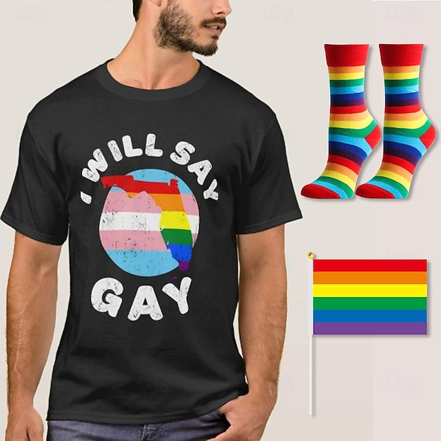  LGBT LGBTQ T-shirt Pride Shirts with 1 Pair Socks Rainbow Flag Set Will Say Gay Florida Funny Queer Lesbian Gay T-shirt For Couple's Unisex Adults' Pride Parade Pride Month Party Carnival