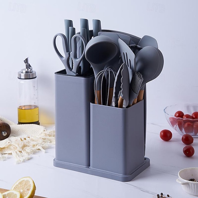  19 Pcs Kitchen Cooking Utensils and Knife Set with Block, Include 11 Pcs Silicone Cooking Utensils Set 5 Pieces Sharp Stainless Steel Chef Knives Scissors Whisk Tongs and Cutting Board