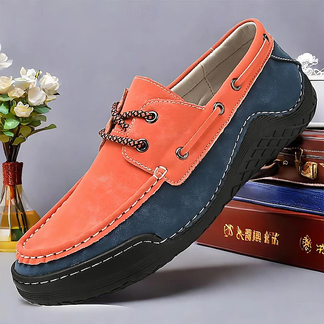 Men's Casual Orange and Navy Leather Boat Shoes with Lace-Up Design and Hand-Stitched Detailing – Comfortable and Stylish for Outdoor and Everyday Wear 10