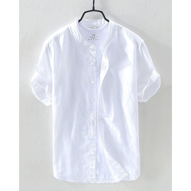  Męskie Koszula Koszula z lnu bawełnianego Biała bawełniana koszula Codzienna koszula Biały Granatowy Jasnoniebieski Krótki rękaw Równina Stójka Lato Ulica Hawajskie Odzież Przycisk w dół
