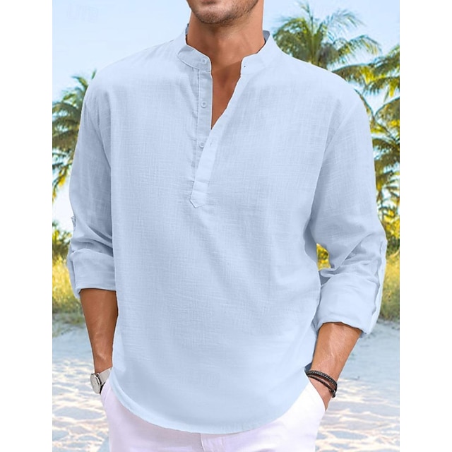  Men's Shirt Linen Shirt Popover Shirt Summer Shirt Beach Shirt Black White Blue Long Sleeve Plain Band Collar Spring & Summer Casual Daily Clothing Apparel