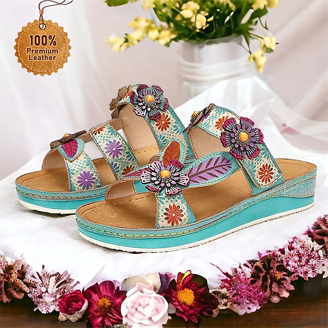  Women's Sandals Slippers Plus Size Handmade Shoes Hand Embossed Outdoor Daily Vacation Floral Flower Platform Wedge Round Toe Bohemia Vintage Casual Walking Premium Leather Loafer Blue Purple Green