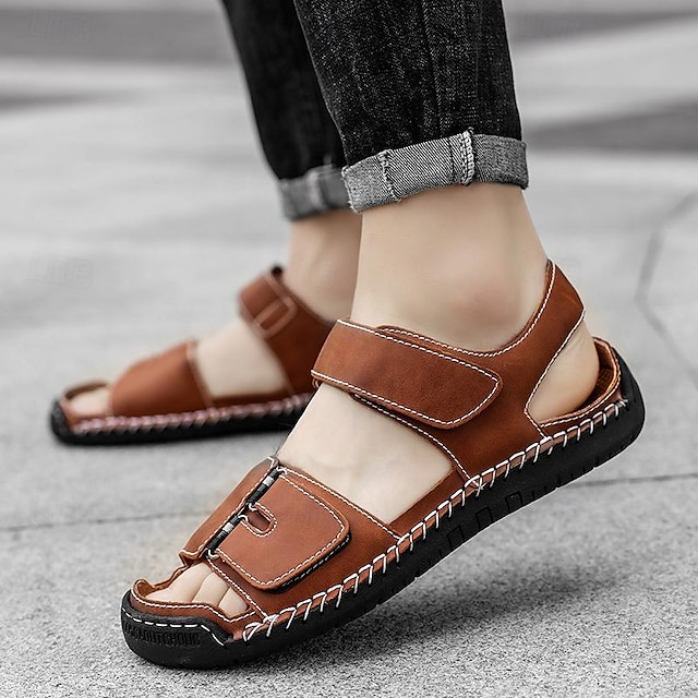  Men's Sandals Flat Sandals British Style Plaid Shoes Gladiator Walking Casual Roman Shoes Beach Outdoor Vacation Microfiber Breathable Comfortable Light Yellow dark brown Black Summer