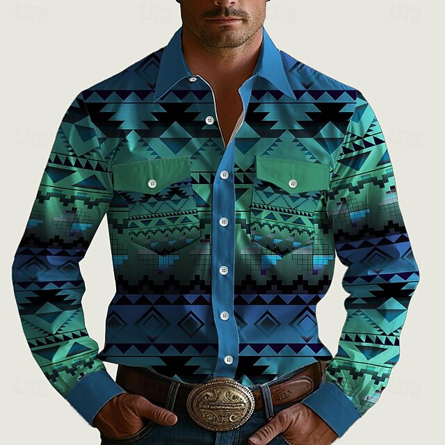 Men's Tribal Southwestern Print Shirt Western Shirt Cowboy Shirt Long Sleeve Western Style Tribal Outdoor Summer Spring Fall Shirt Collar Blue4