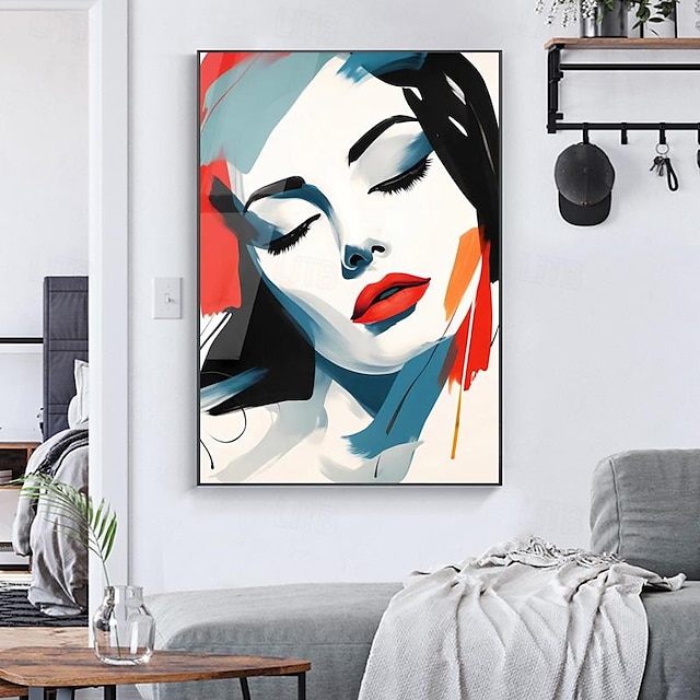  handgjorda ansikte på en rad - en kvinna med röda läppar och svart hår oljemålning handmålade abstrakta moderna heminredningsmålningar utan ram