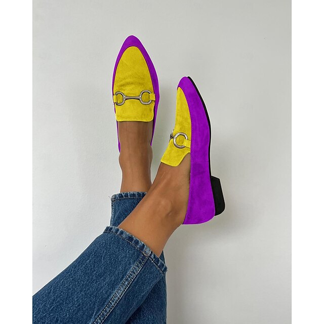 Women's Vibrant Yellow and Purple Faux Suede Loafers - Pointed Toe Slip-On Flats with Metallic Buckle Detailing for Chic Casual Style4