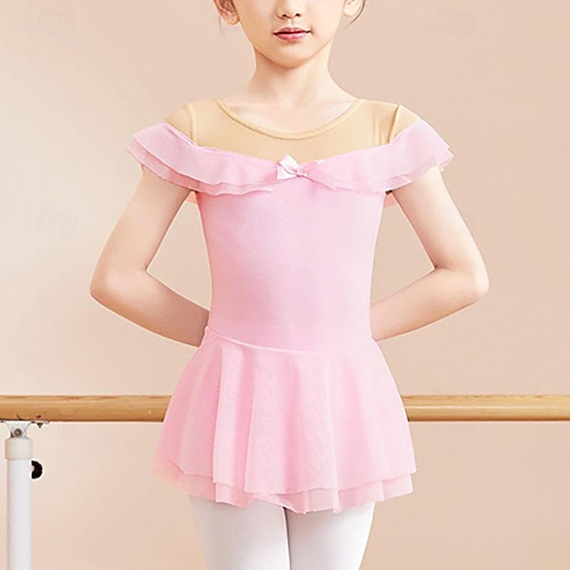  Ropa de Baile para Niños Ballet Vestido Pajarita Volantes Color Puro Chica Rendimiento Entrenamiento Manga Corta Cintura Alta Mezcla de Algodón