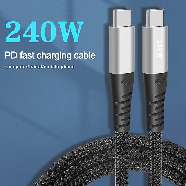  1 упаковка Кабель USB 3.0 100 Вт 3,3 фута USB-C на USB-C 6 A Кабель для зарядки Быстрая зарядка Высокая скорость передачи данных нейлон плетеный Прямой угол Прочный Назначение Macbook iPad Samsung
