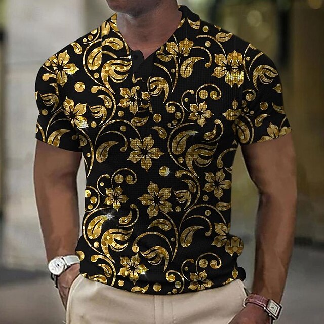 Men's Baroque Waffle Polo Shirts Golf Shirt Short Sleeve Polo Shirts Collared Shirts Vacation Wear Party Outfits Buttons 3D Print Summer Spring Black4