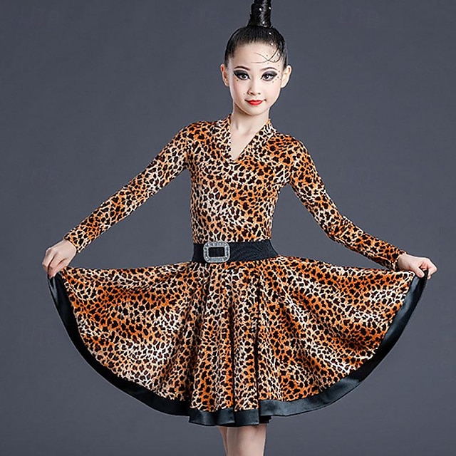  Latein-Tanz Tanzkleidung für Kinder Kleid Leopardenmuster Print Pure Farbe Mädchen Leistung Ausbildung Langarm Hoch Polyester