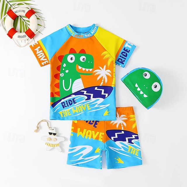  2pcs Boys Cartoon Cute Dinosaur Pattern Split Swimsuit With Hat, Crew Neck Swim Top & Swim Trunks Set, Kids Clothes For Summer