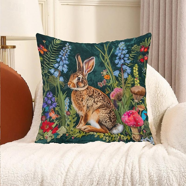 ウサギとキノコの装飾用クッションカバー 1個 柔らかい正方形のクッションケース 枕カバー 寝室 リビングルーム ソファ カウチ 椅子用