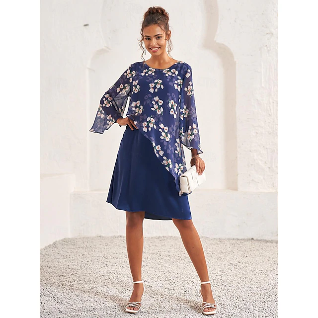 Women's Wedding Guest Dress A Line Dress Elegant Floral Midi Dress Chiffon Flared Sleeve Crew Neck Patchwork Regular Fit Wedding Guest Cocktail Party Blue Summer 10