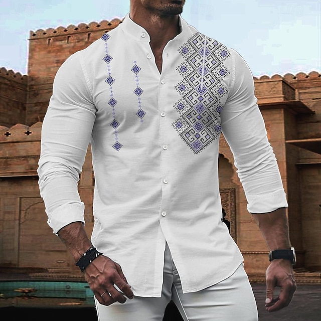  Casual Voor heren Overhemd Feestdagen Zomer Lente V-hals Lange mouw Wit S, M, L Polyester Overhemd