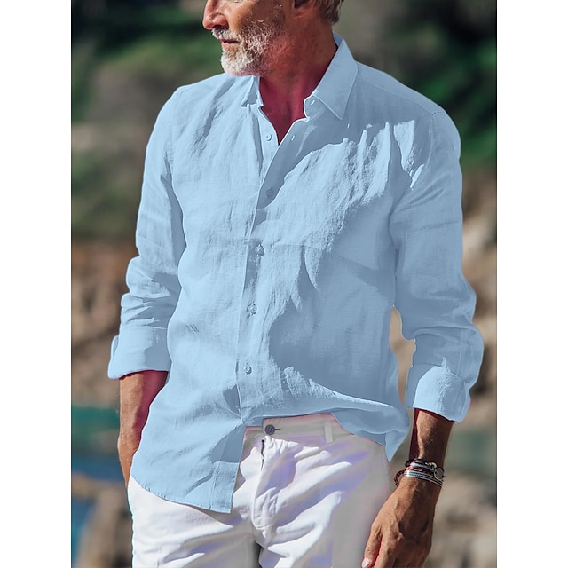  Men's Shirt Linen Shirt Button Up Shirt Summer Shirt Beach Shirt Black White Pink Long Sleeve Plain Collar Spring & Summer Casual Daily Clothing Apparel