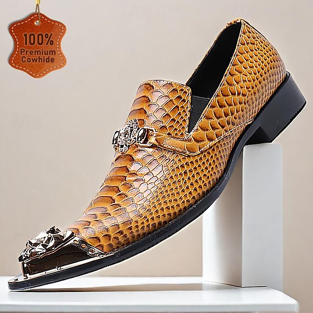 Genuine Leather Loafers Men's Crocodile Print Leather Loafers - Soft Rubber Sole Slip-on Dress Shoes Mens Loafer