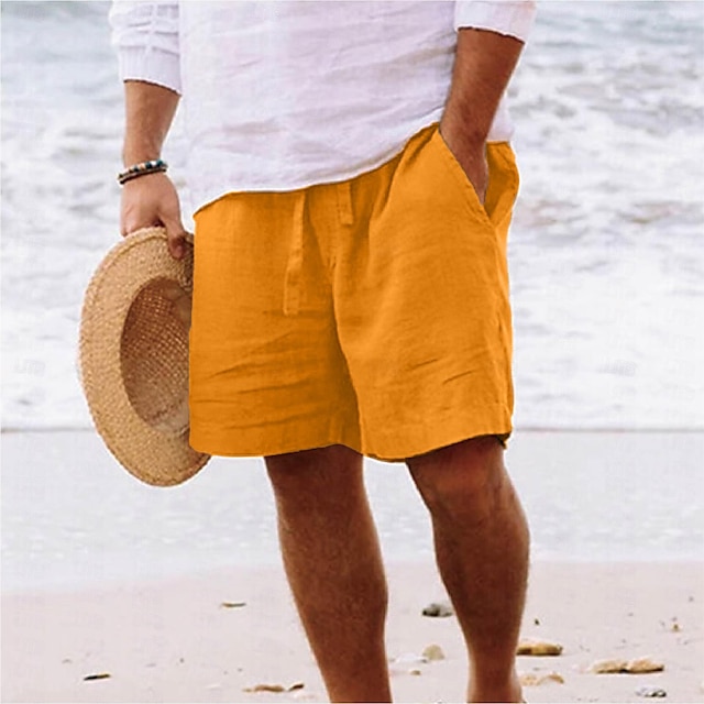  Men's Shorts Linen Shorts Summer Shorts Drawstring Elastic Waist Straight Leg Plain Comfort Breathable Short Daily Beach Fashion Chic & Modern Black Yellow Micro-elastic