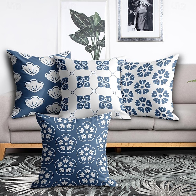  Geometric Flowers Decorative Toss Pillows Cover 4PC Soft Square Cushion Case Pillowcase for Bedroom Livingroom Sofa Couch Chair