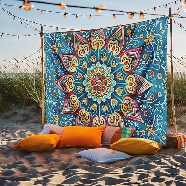 mandala bohem blå grønn hengende billedvev veggkunst stor billedvev veggmaleri dekor fotografi bakteppe teppe gardin hjem soverom stue dekorasjon